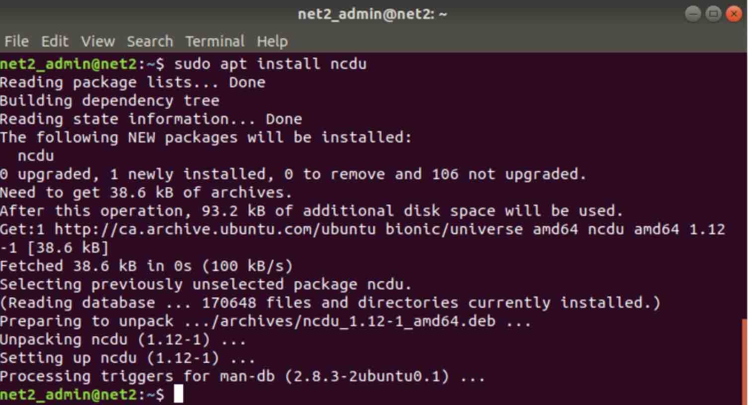 ncdu installation process