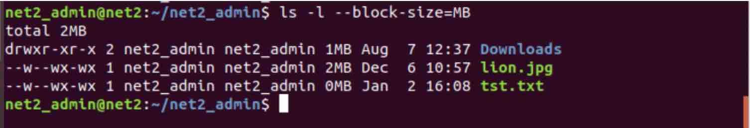 command ls -l --block-size=MB