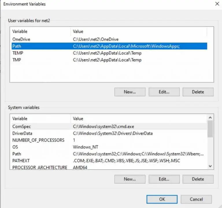 Windows 10 environment variables