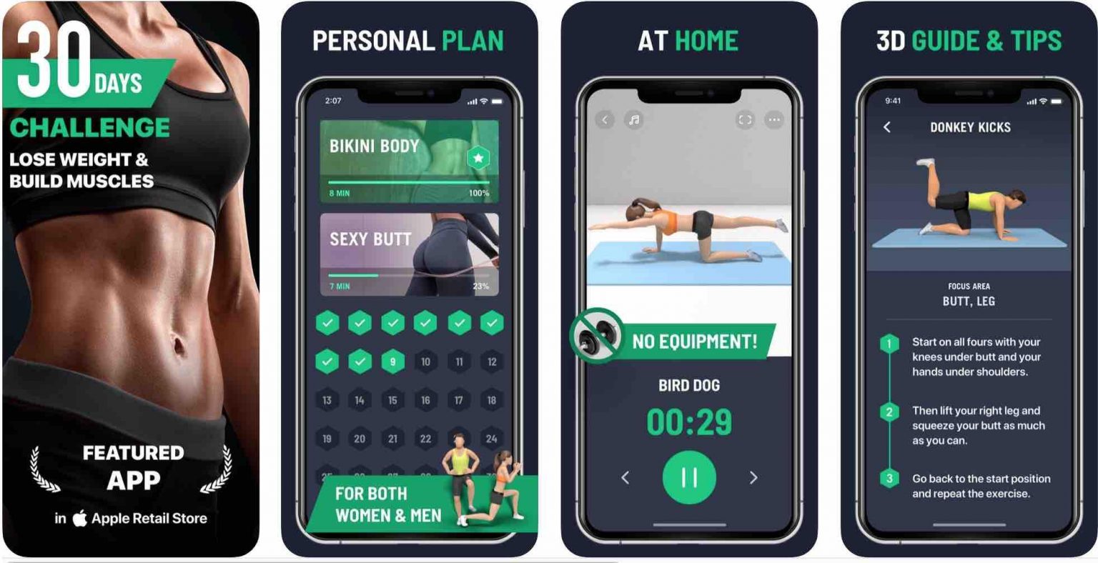  A collage of four app screenshots showing various popular workout apps for a healthy lifestyle, including a 30-day challenge, a personal workout plan, at-home workouts, and 3D exercise guides.
