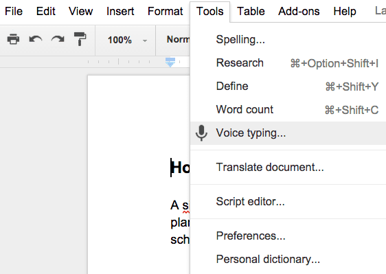 Voice typing option in a Google Doc